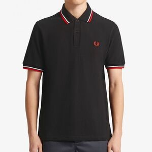 Fred Perry Black with Red and White Stripe Polo Size M